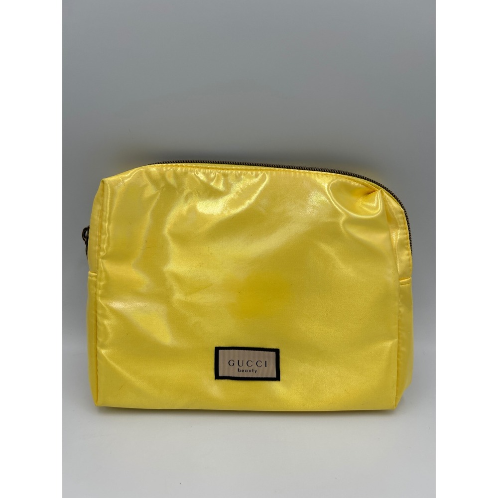 Gucci Beauty Yellow Satin Cosmetic Pouch Makeup Bag Zip Travel Case Logo Patch